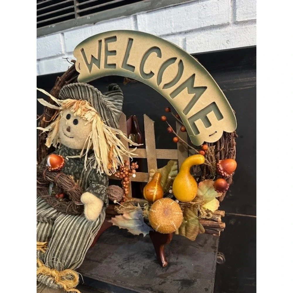 Dan Dee Scarecrow Welcome Wreath Fall Harvest Grapevine Door Decor‎ Rustic 16in